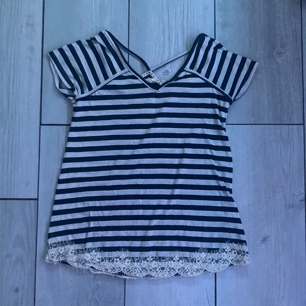 Girl’s Rewind Navy Blue Striped Lace Blouse (Size: XS)